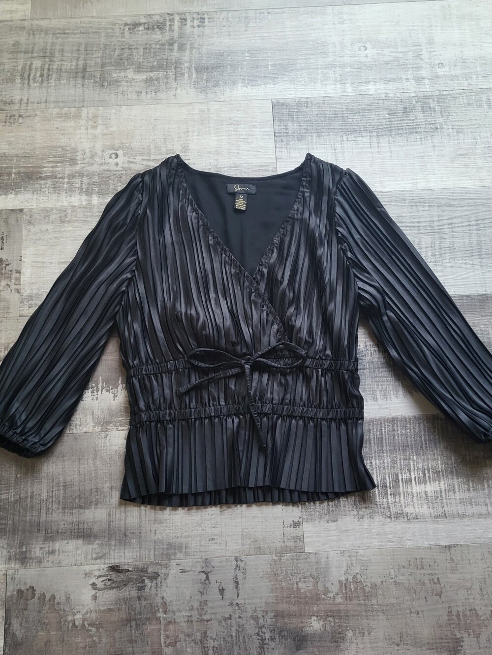 Japna Black Silky Satin Pleated Faux Wrap 3/4 Sleeve Peplum Blouse Top Medium
